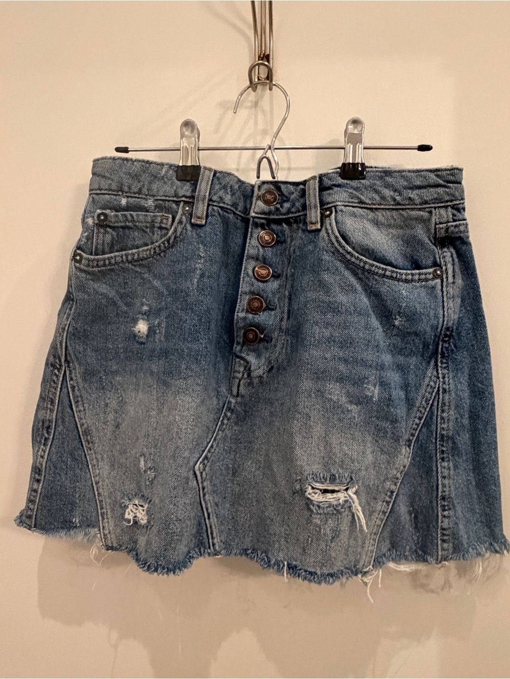 Free People We The Free Button Fly Distressed Denim Mini Skirt Size 28 Boho Y2k